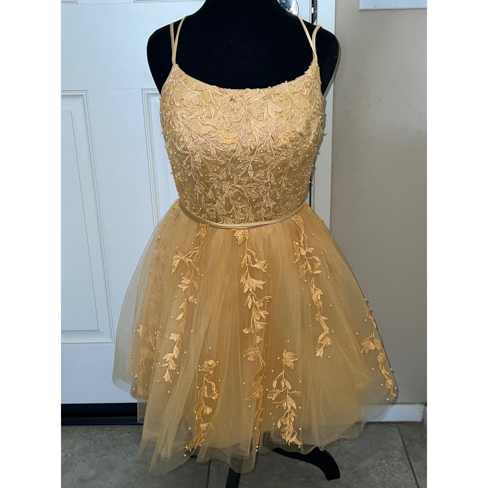 Gold Lace Pearl Tulle Homecoming Prom Formal Short Corset Backlace Dress Sz 4